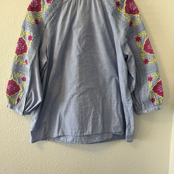 Talbots Top Blouse Womens Petite Med Embroidered Sleeves Blue Peasant Boho - Picture 8 of 11